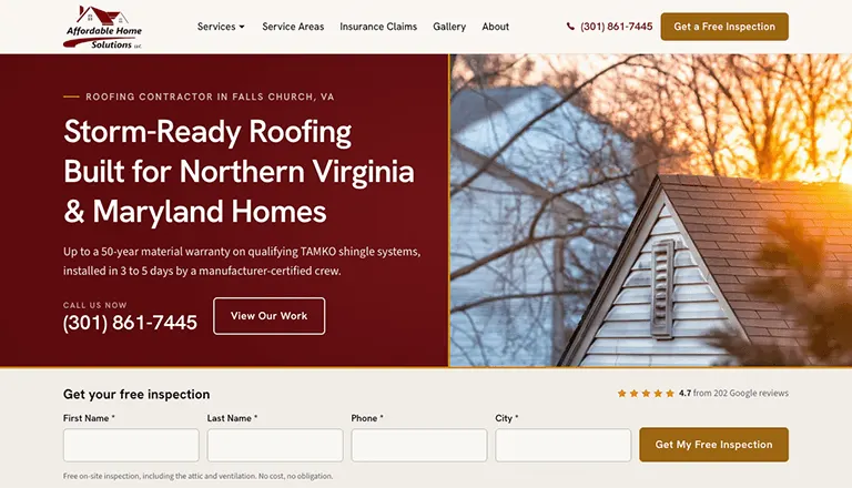 Affordable Home Solutions roofing website homepage