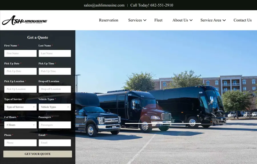 Ash Limo and Charter Buses website homepage