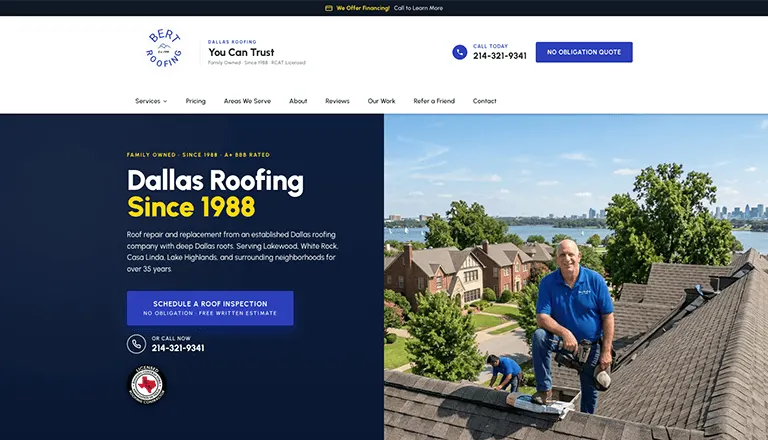 Bert Roofing Dallas website homepage