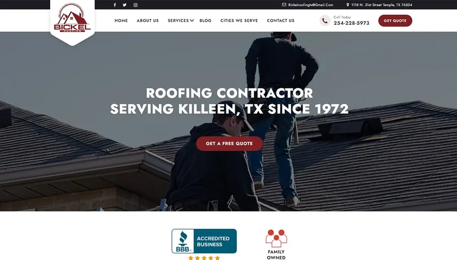 Bickel Roofing Texas website homepage