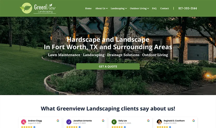 Greenview Landscaping DFW website homepage