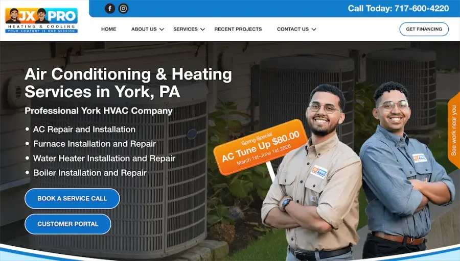 JX Pro Heating and Cooling website homepage