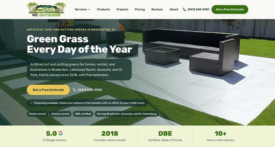 KC Outdoor artificial turf and putting greens website homepage