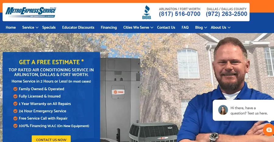 Metro Express Service HVAC website homepage