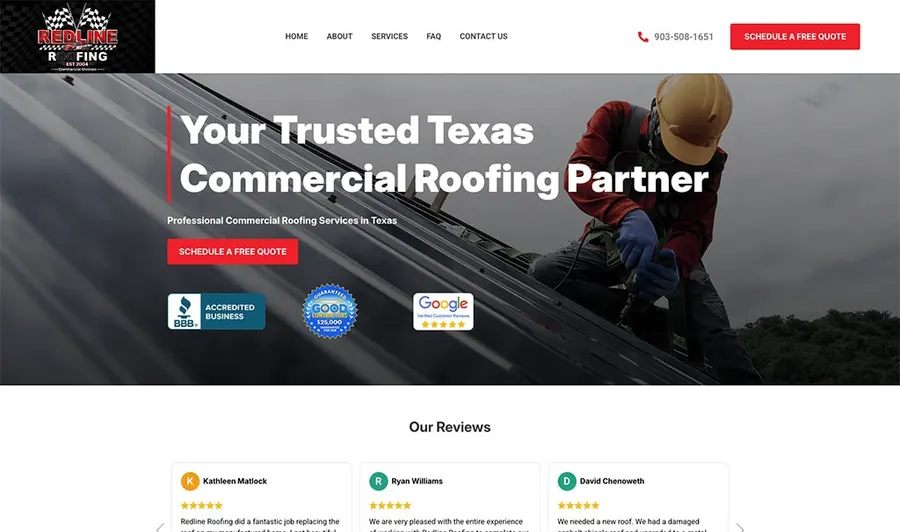 Redline Commercial Roofing website homepage