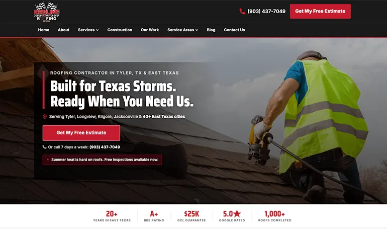 Redline Roofing Texas website homepage