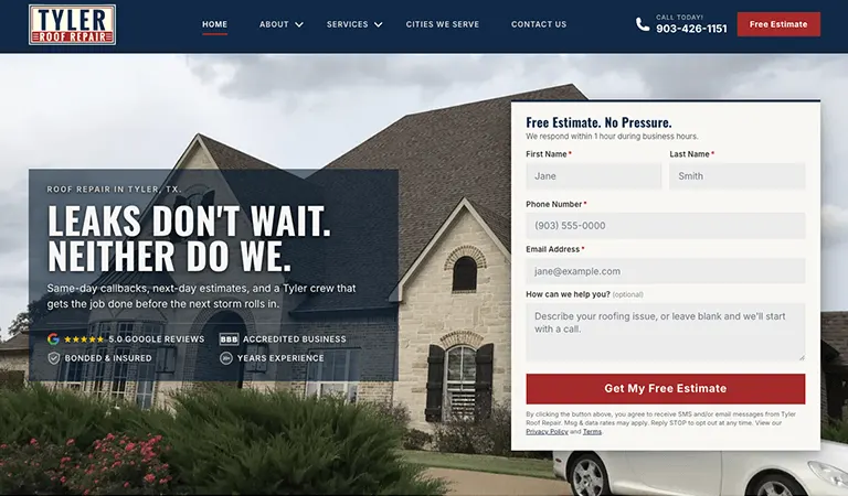 Roof Repair Tyler website homepage