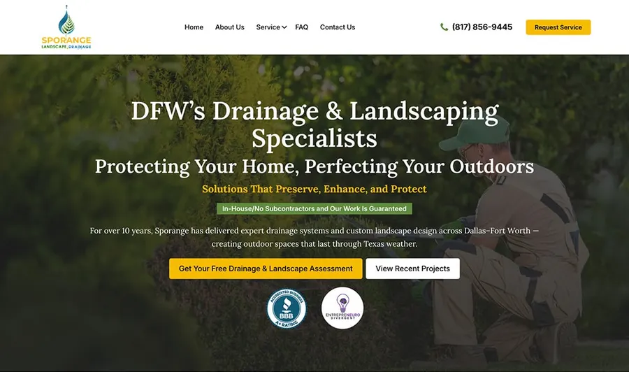 Sporan Gill DFW drainage and landscaping website homepage